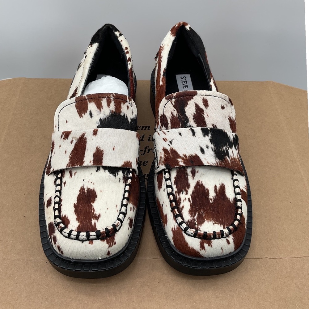 Steve‎ Madden Cow Print Pony Hair Lug Sole Loafers Brown White Black Whipstitch